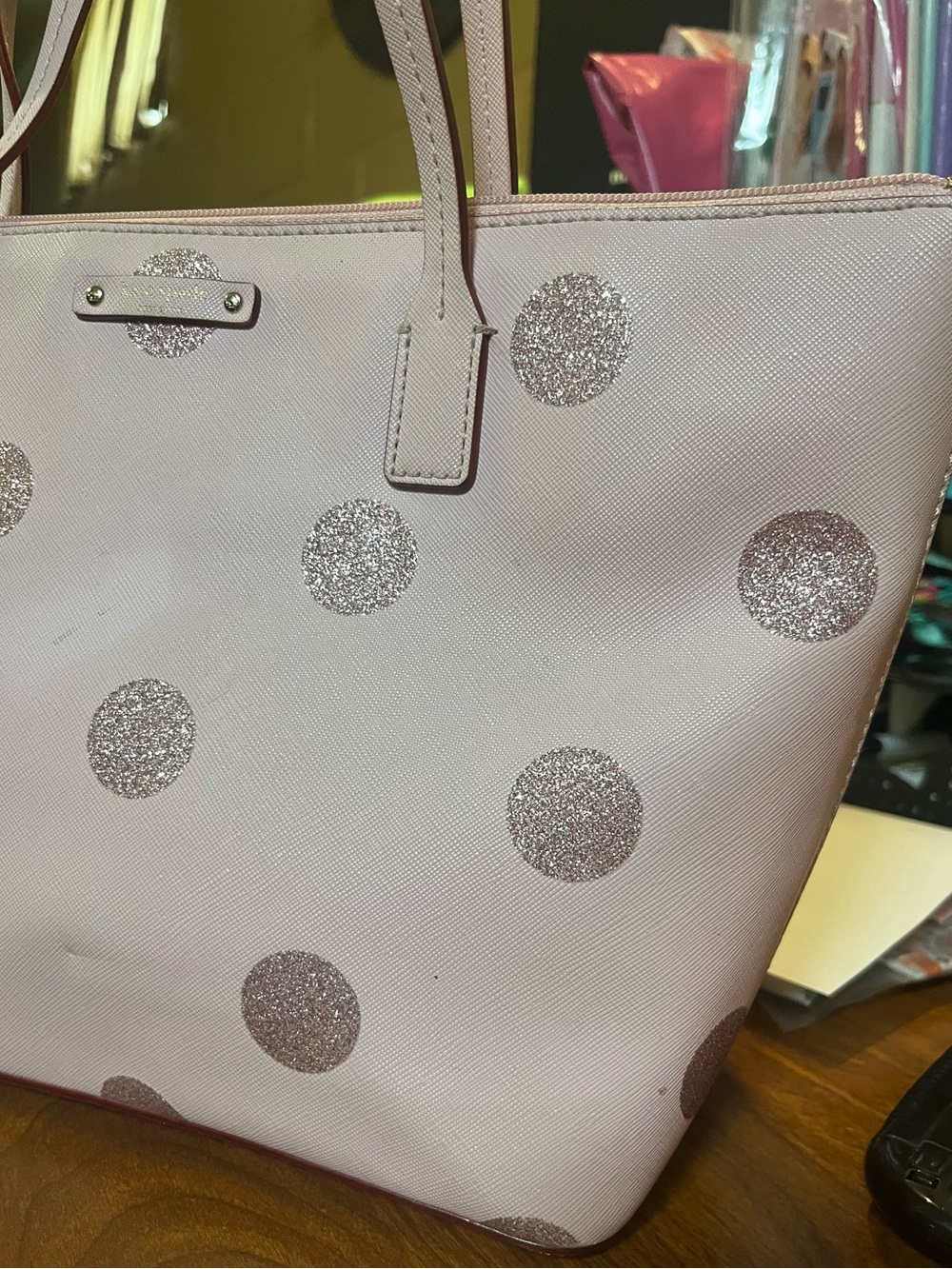 FUC Rehab Kate Spade Pink Polka Dot Tote Bag - Glitter Accent - Picture 5 of 12